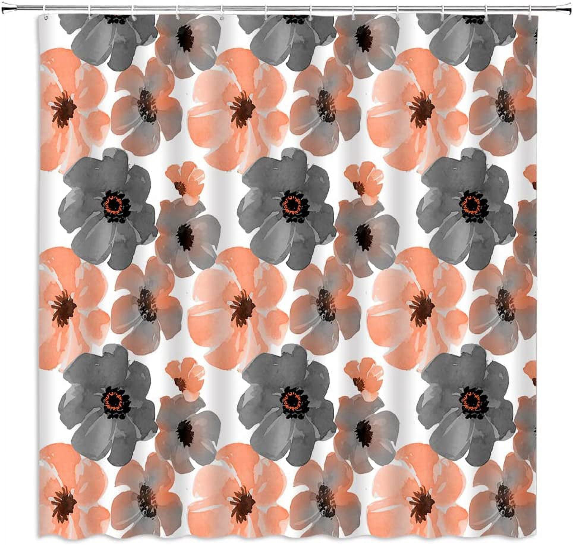 Gray Orange Shower Curtain Watercolor Flower Retro Floral Morden Boho Spring Garden Plant Fabric Bathroom Decor Set with Hooks (84" Wx70 H)