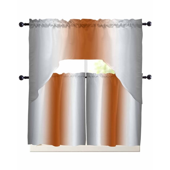 Gray Orange Swag Kitchen Curtains Sets for Windows 24 Inch Length, Modern Gradient Geometric Short Window Curtain Panels Swags Valances and Tiers 3 Piece Set for Cafe/Dining Room
