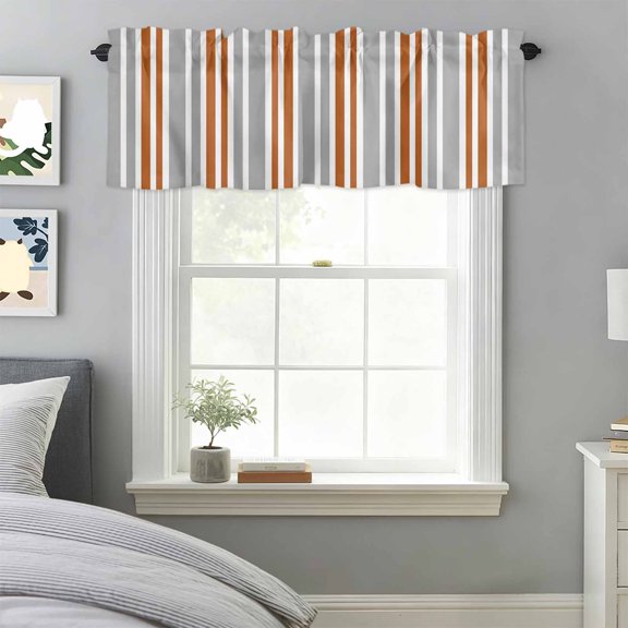 Gray Orange Window Valance for Kitchen, Stripe Minimalist Vertical Stripes Modern Art Rod Pocket Short Curtain for Small Windows, Light Filtering Decorative Valance, 42 x 12 Inch, 1 Panel