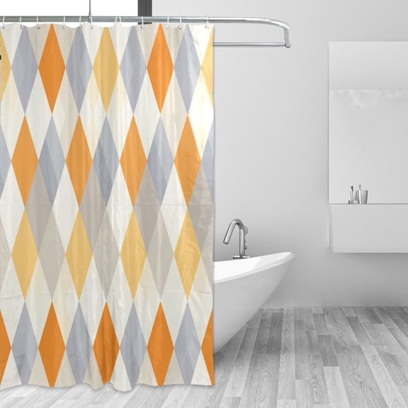 Gray Orange Yellow Diagonal Plaids Shower Curtains with 12 Hooks Waterproof Bathroom Decor 66" x 72"
