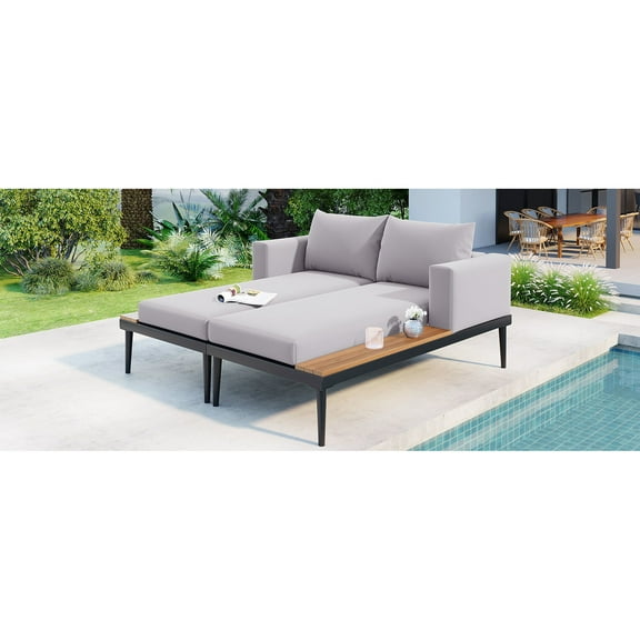 Gray Outdoor 2 In 1 Daybed - Spacious Seating, Side Tables For Convenience, Removable And Washable Back Armrest Pillows Metal With Pillows, Weather ,