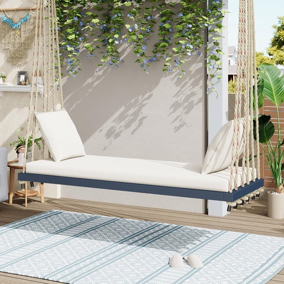 Gray Outdoor Daybed Swing With Cushions And Pillows For Patio Garden