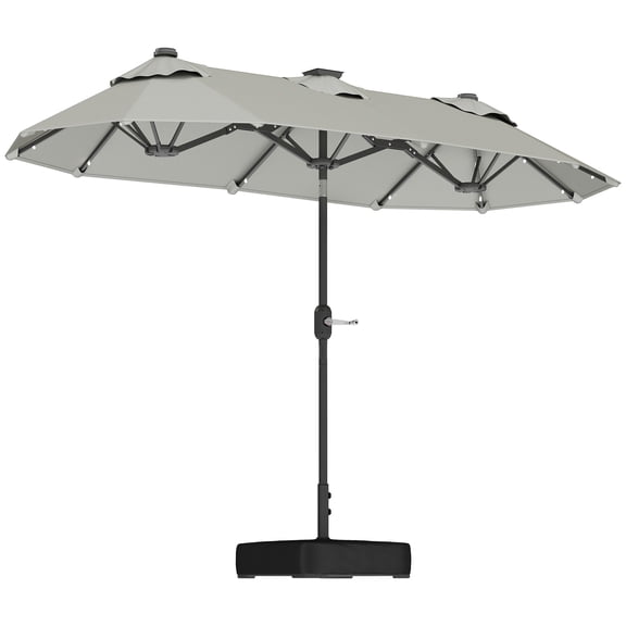 Gray Outdoor Patio Umbrella with Solar Lights, Push Button Tilt, Includes Base for Dining Table