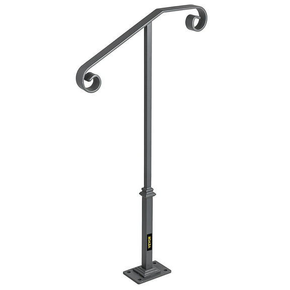 Gray Outdoor Step Railing, Wrought Iron Handrail for 1 or 2 Steps, Single Post Porch Rail Fits Concrete/Wooden Stairs with Base
