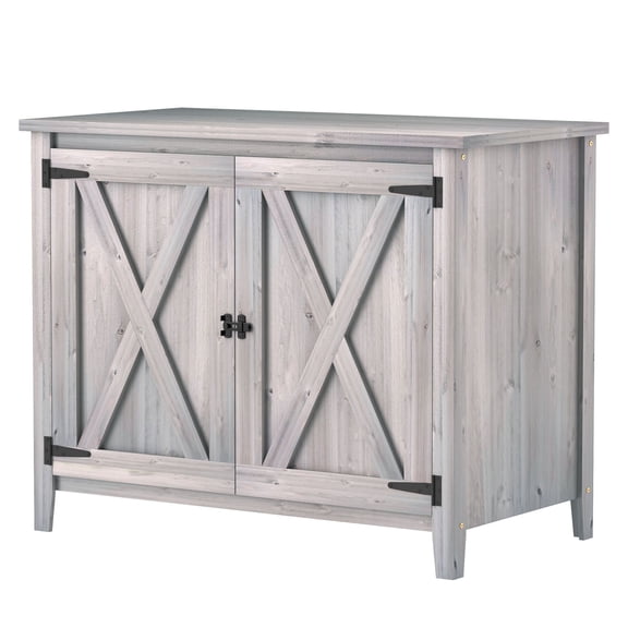 Gray Outdoor Storage Cabinet with Shelves, Wooden Garden Shed with Double Doors for Patio