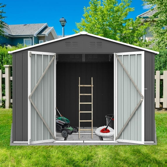 Gray Outdoor Storage Shed, 8ft x 6ft Galvanized Metal Storage Shed with Lockable Door for Garden Backyard Patio Lawn, Weather Resistant and Waterproof