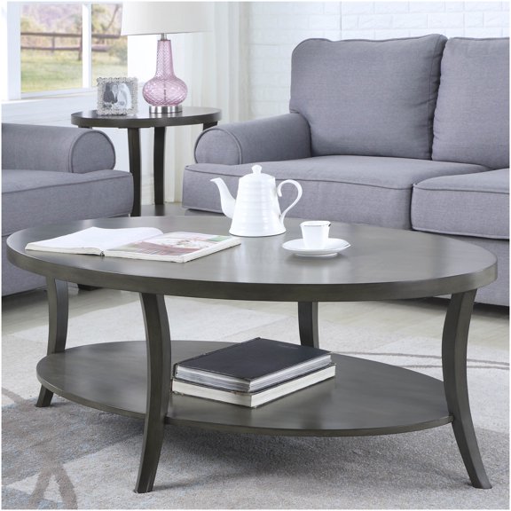 Gray Oval Birch Wood Veneer Coffee Table with Lower Shelf for Living Room
