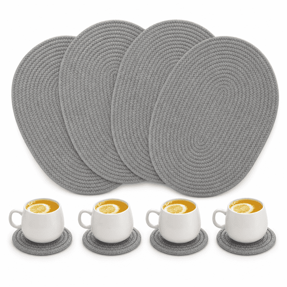 Gray Oval Set of 4 Woven Table Place Mats with Coasters