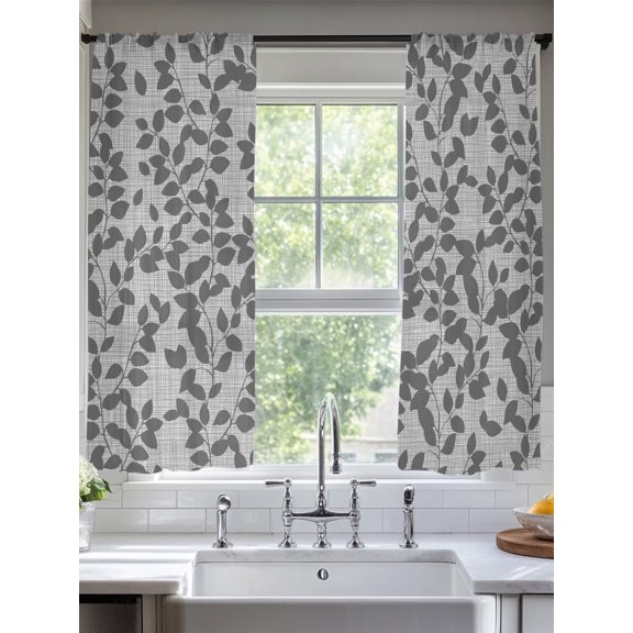 Gray Overlay Leaves Seamless Chiffon Sheer Curtains 72 Inches Long Abstract Leaf and Stripes Rod Pocket Window Curtains Voile Drapes Curtains for Living Room Bedroom,2 Panels