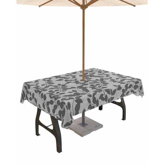 Gray Overlay Leaves Seamless Rectangle Tablecloth with Zipper,Waterproof Table Cloth with Umbrella Hole Patio Tablecloths for Outdoor Tables,Abstract Leaf and Stripes Washable Spillproof Table Cover