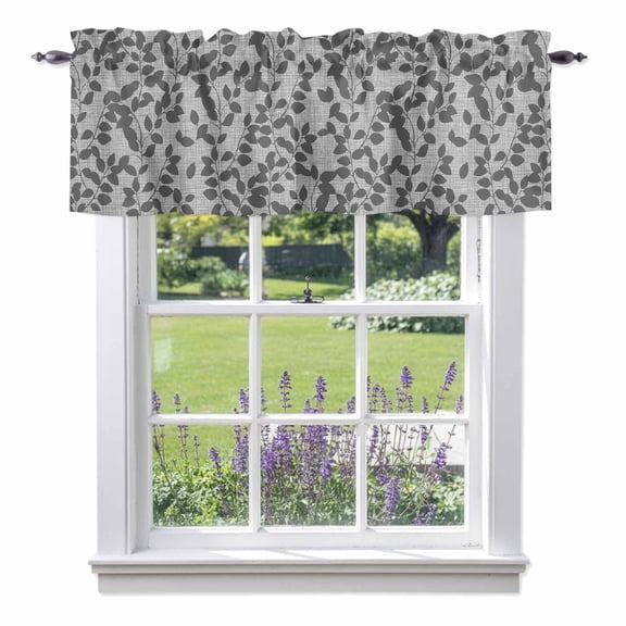 Gray Overlay Leaves Seamless Valances for Windows,Kitchen Valance Rod Pocket Short Curtain, Abstract Leaf and Stripes Valance Curtain Window Valances for Bedroom Bathroom Living Room 42x12in