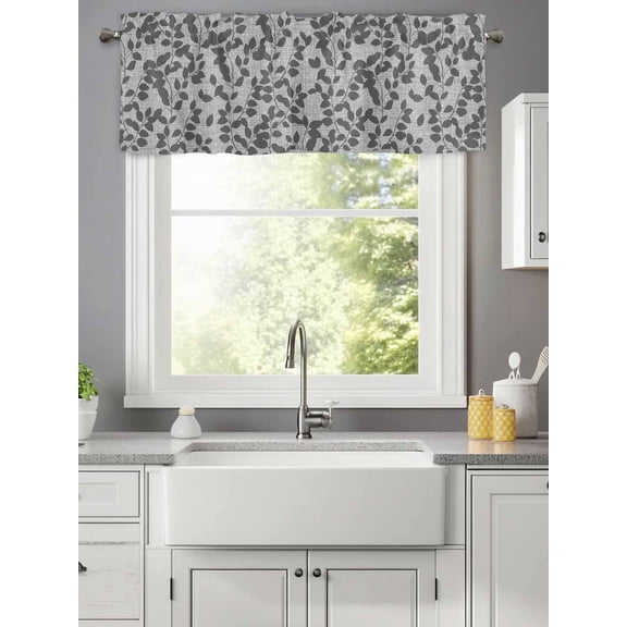 Gray Overlay Leaves Seamless Valances for Windows,Rod Pocket Valance for Kitchen Bedroom Bathroom Living Room, Abstract Leaf and Stripes Window Valance Curtain Farmhouse Short Curtains 42x12in