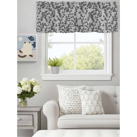 Gray Overlay Leaves Seamless Valances for Windows,Rod Pocket Valance for Kitchen Bedroom Bathroom Living Room, Abstract Leaf and Stripes Window Valance Curtain Farmhouse Short Curtains 60x18in
