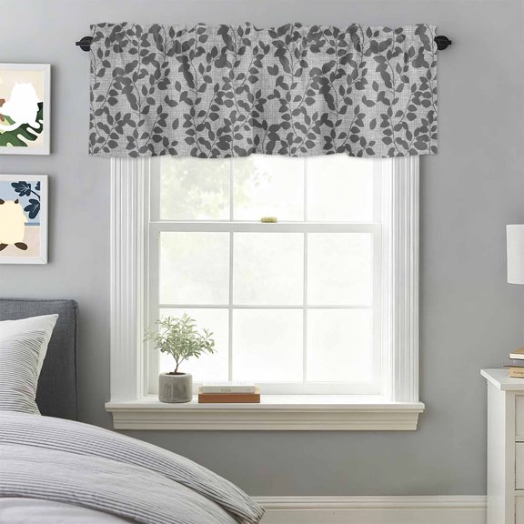 Gray Overlay Leaves Seamless Valances for Windows,Rod Pocket Valance for Kitchen Bedroom Bathroom Living Room, Abstract Leaf and Stripes Window Valance Curtain Farmhouse Short Curtains 42x18in