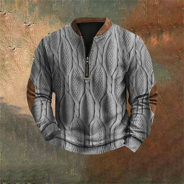 Gray Oversized Sweatshirts for Men s Vintage Western Knit Print Zip Up Sweatshirt Fall Trendy Outfits