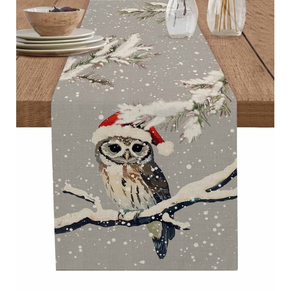 Gray Owl Christmas Burlap-Cotton Table Runner 108 Inches Long,Xmas Snowflake Botanical Vintage Farmhouse Table Runners,Outdoor Dining Tablecloths Decor for Baby Shower Party Wedding 13x108