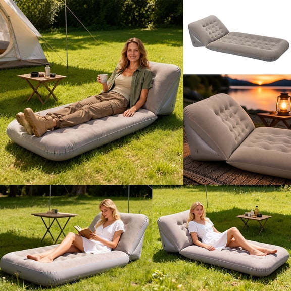 Gray PVC Inflatable Sofa Bed with Triangular Backrest, Plush Surface, Portable Indoor/Outdoor Mattress for Camping, Courtyard, and Tent Use
