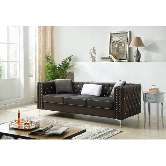 Modern Gray Velvet Sofa 2208075cm with Tufted Design and Faux Diamond Buttons