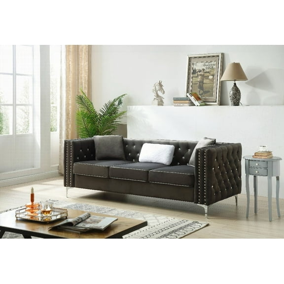 Living Room Modern Gray Velvet Sofa 220cm with Tufted Design and Faux Diamond Buttons