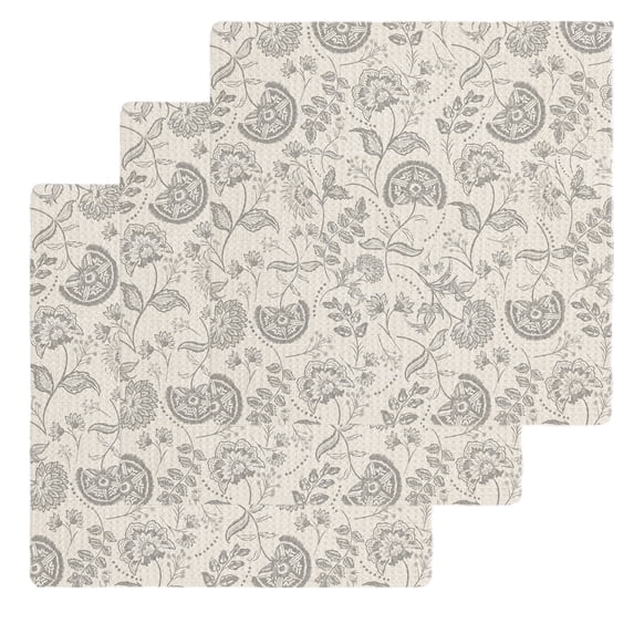 Gray Paisley Floral Dish Towels Set, Waffle Weave Kitchen Towels 3 Pieces, Farmhouse Spring Summer Flowers Microfiber Hair Face Bath Tea Towel Absorbent Quick Drying Cleaning Dish Cloths, 12"x12"