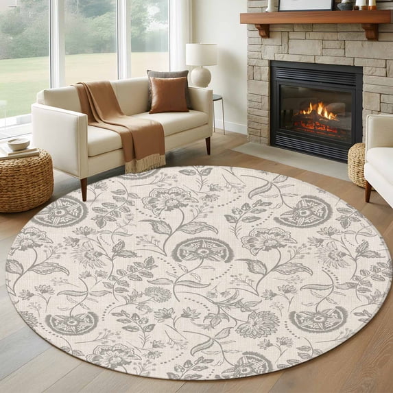 Gray Paisley Floral Round Area Rug 5 FT, Non Slip Bedroom Rugs ...