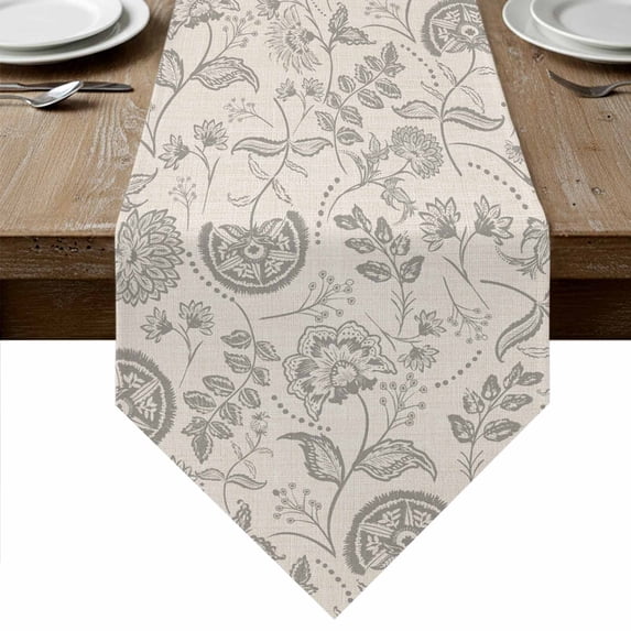 Gray Paisley Floral Table Runner Linen Burlap Table Runner 90 Inches Long Farmhouse Spring Summer Flowers Dresser Scarves for Kitchen Island Coffee Dining Party Wedding Banquet Holiday Decor 13"x90"