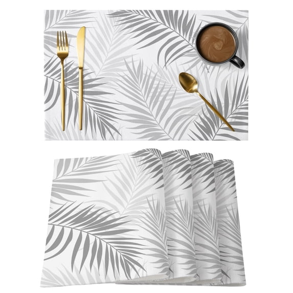 Gray Palm Leaf Placemats Set of 12 Tropical Botanical Leaves Minimalist Place Mats Indoor Wipeable Table Mats Washable Cloth Dining Table Placemats for Kitchen Holiday Party Home Decor 13x19 Inch