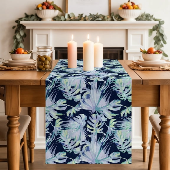Gray Palm Leaves Dining Table Runner, Monstera Leaf Tropical Botanical Blue Washable Table Runners Kitchen Coffee Table Center Decor for Home Party Holiday Wedding 13 x 36 Inches