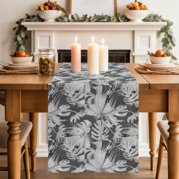 Gray Palm Leaves Dining Table Runner, Monstera Leaf Tropical Botanical Washable Table Runners Kitchen Coffee Table Center Decor for Home Party Holiday Wedding 13 x 36 Inches