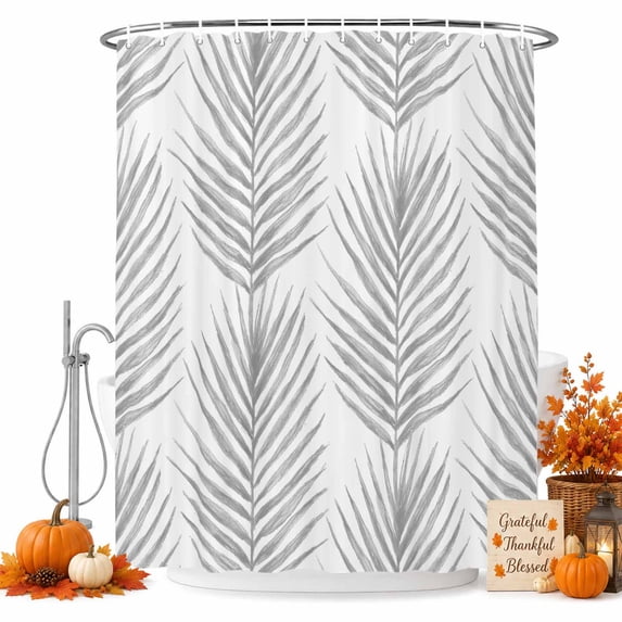 Gray Palm Leaves Shower Curtain, Waterproof Shower Curtains for Bathroom, Summer Tropical Tree Coastal Plants Washable Fabric Bathtub Curtain Set Bath Decor with 12 Hooks Long 72"x84"