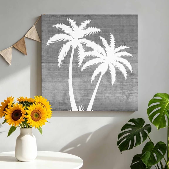 Gray Palm Tree Canvas Wall Art for Living Room, Summer Tropical Vintage Beach Country Tree Leaf Poster Print Painting for Bedroom Office Home Decoration Wall Pictures Prepare To Hang 8"x8"