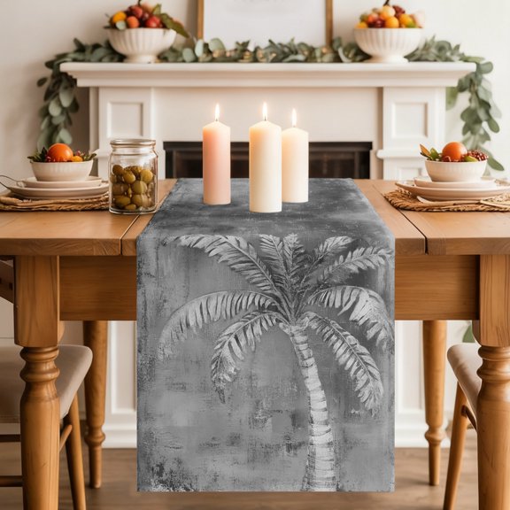 Gray Palm Tree Dining Table Runner, Summer Tropical Plant Botanical Abstract Washable Table Runners Kitchen Coffee Table Center Decor for Home Party Holiday Wedding 13 x 36 Inches