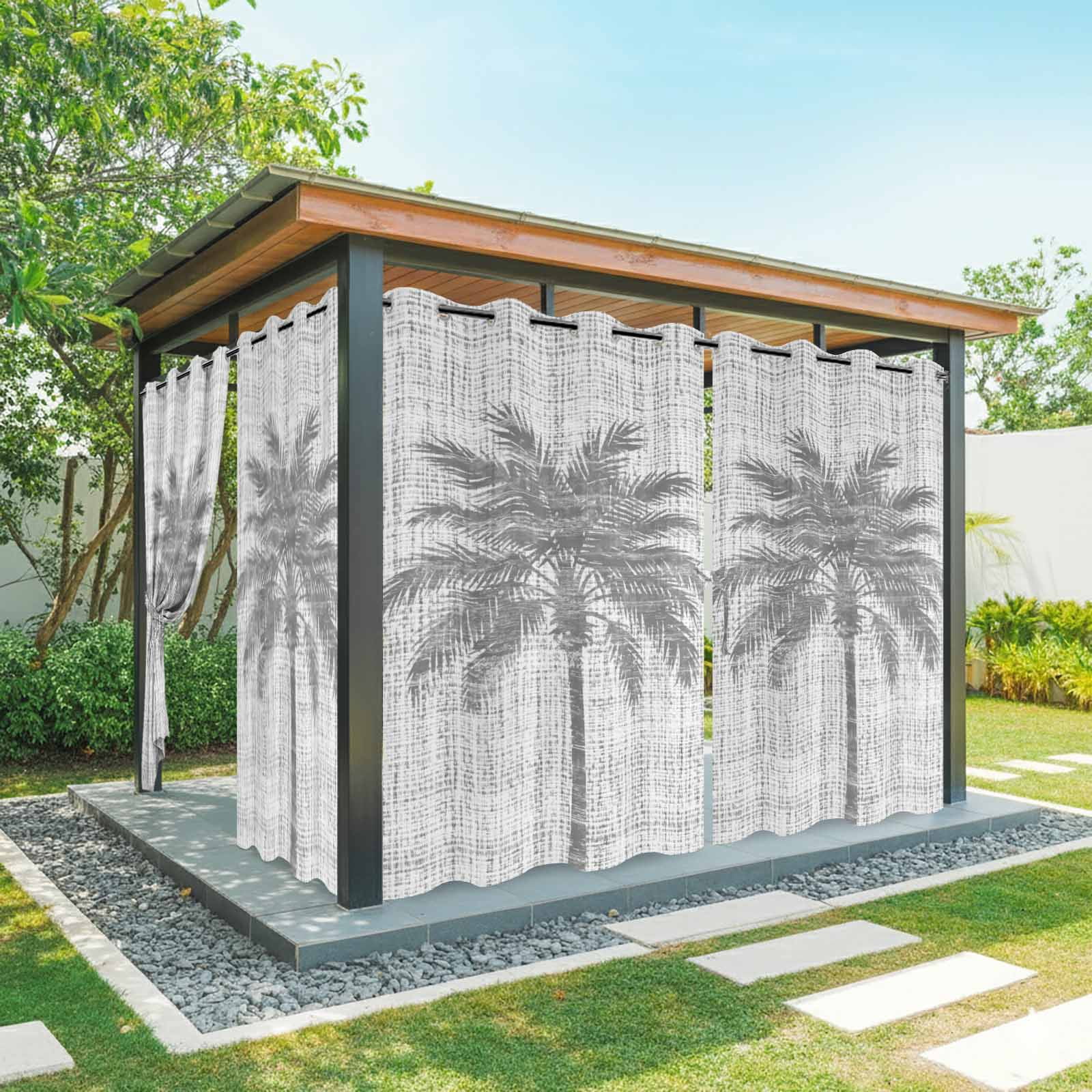 Gray Palm Tree Outdoor Curtains for Patio, Country Linen Texture Tropical Plant Vintage Sunshade Privacy Drapes Grommet Waterproof Outside Curtains for Porch/Cabana/Balcony 54"x 108", 1 Panel