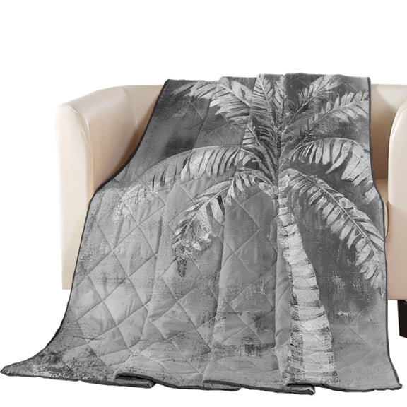 Gray Palm Tree Quilted Comforters Cooling Blanket Oversized Queen Size, Summer Tropical Plant Botanical Abstract Cold Comfort for Hot Sleepers Lightweight Air Conditioning Quilt Blanket for Bed