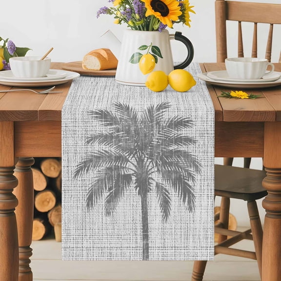 Gray Palm Tree Table Runner 13x48 Inch Country Linen Texture Tropical Plant Vintage Cotton Linen Dining Table Runner Ideal for Dresser Kitchen Coffee Tables - Machine Washable
