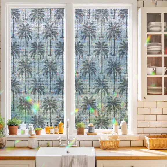 Gray Palm Tree Window Privacy Film Country Linen Texture Tropical Plant Coastal Static Cling Stained Glass Window Film Non-Adhesive Decorative Decals Rainbow Sticker 17.7"X39.3"