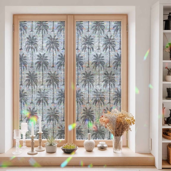 Gray Palm Tree Window Privacy Film Country Linen Texture Tropical Plant Coastal Static Cling Stained Glass Window Film Non-Adhesive Decorative Decals Rainbow Sticker 23.6"X59"
