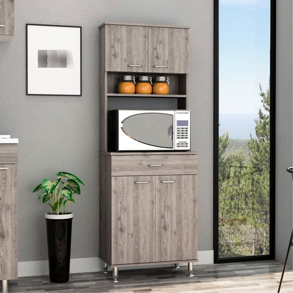 Gray Pantry Cabinet, 67" H, Four Doors, One Drawer, Functional And Attractive H 4 1 3 Internal Shelves, 2 External Storage Microwave Option Offered