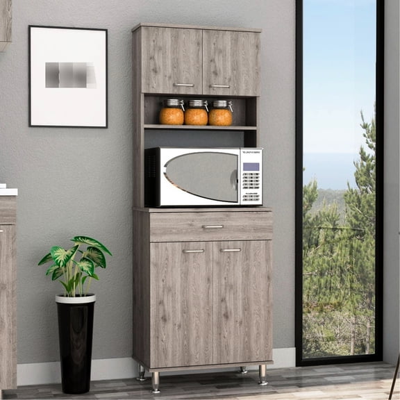 Gray Pantry Cabinet, 67" Height, 4 Doors, 1 Drawer, 3 Internal Shelves, 2 External Storage Microwave Option Conveniently Applicable For Utilization H, Four One Modern Solution