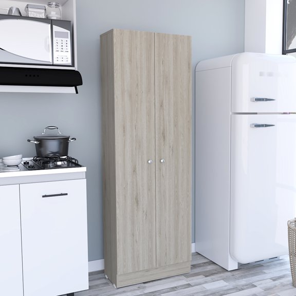 Gray Pantry Cabinet With Five Shelves And Double Door For Uncomplicated Storage In