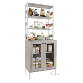 Gray Pantry Cabinet with Storage Shelves & Glass Doors, Bakers Rack with Countertop, Coffee Bar Hutch, Microwave Stand for Dining Room or Hallway