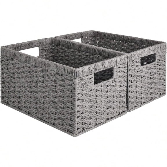 Gray Paper Rope Woven Storage Baskets 2-Pack Rectangular Organizers with Built-in Handles for Shelves Closet Bedroom Nursery Kitchen Decorative Bins