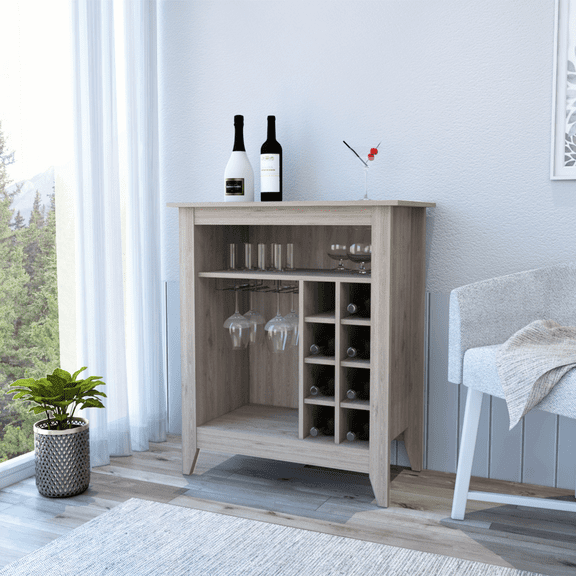 Gray Particle Board Bar- Coffee Cart 38" H, Kitchen or Living Room Cabinet Storage, with 8 Bottle Racks, a Central Shelf with 1 Cup Holders, Ideal