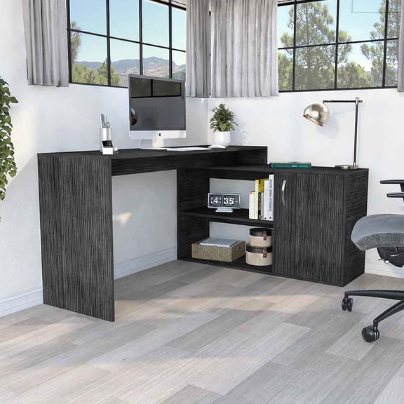 Gray Particle Board L-Shape - Open Shelves for Quick Access - Office Setup - Wall Fit