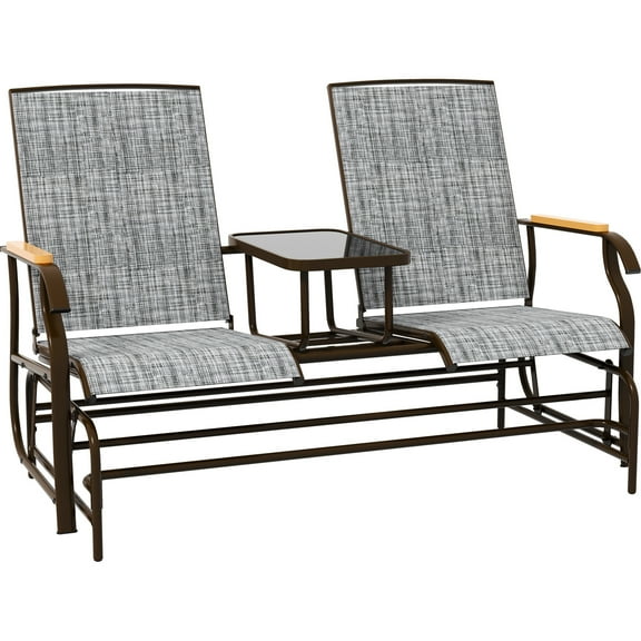 Gray Patio Swing Glider With Table And Mesh 2 Person Outdoor Bench Breathable For Patio, Garden, Backyard, Porch -