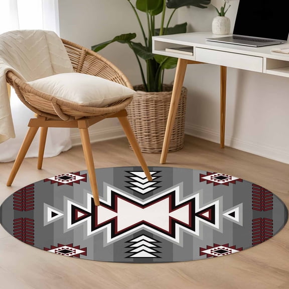 Gray Pattern Retro Bohemian 3.3ft Round Rug for Bedroom Reading Corner, Square Abstract Geometric Washable Non Slip Circle Area Rug