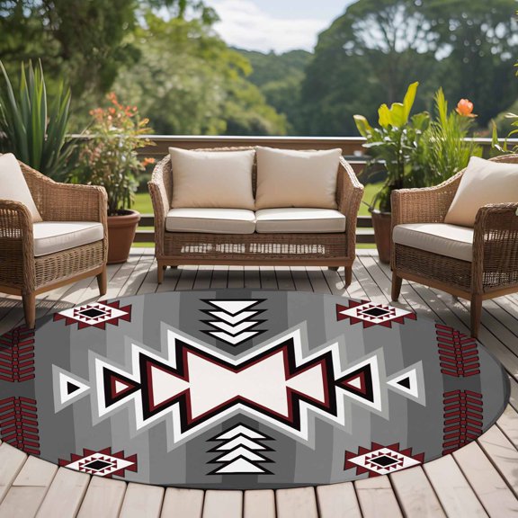 Gray Pattern Retro Bohemian 8ft Round Rug for Open Concept Living Room Seating Zone, Square Abstract Geometric Washable Non Slip Large Circle Area Rug