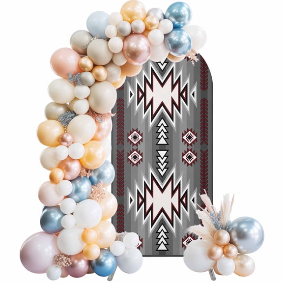 Gray Pattern Retro Bohemian Arch Backdrop Cover 4 FT Square Abstract Geometric Stretchy Elastic Arch Stand Covers Spandex Arched Background Birthday Wedding Party Decoration (No Stand)