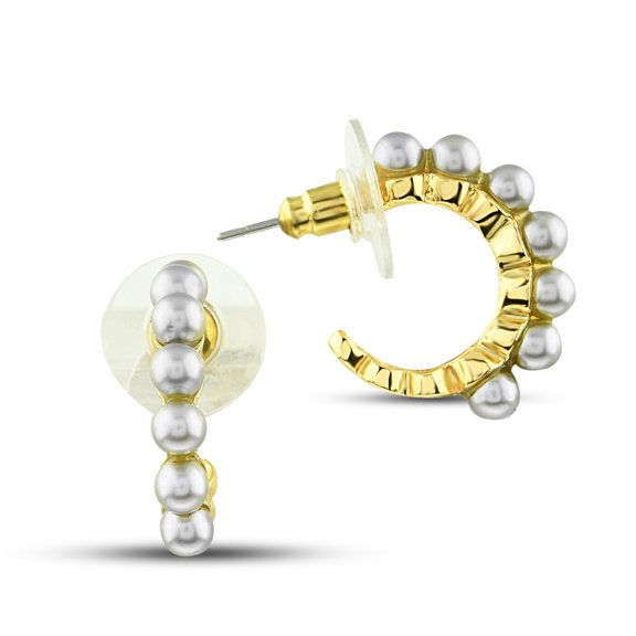 Gray Pearl Beaded Huggie Hoop Earrings, 14K Gold Plated Bead Earrings 23mm - Dainty Stud Earrings, Minimalist Pearl Earrings, Gold Huggies for Her