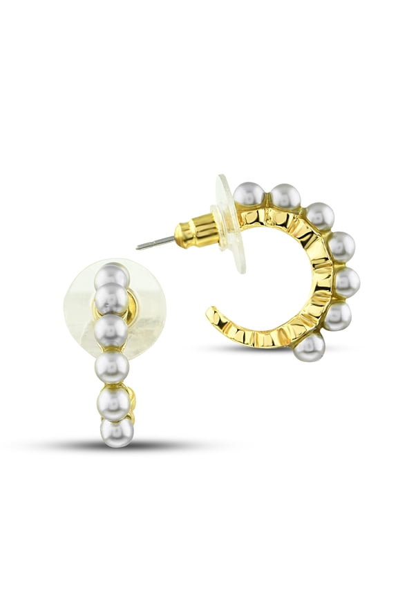 Gray Pearl Beaded Huggie Hoop Earrings, 14K Gold Plated Bead Earrings 23mm - Dainty Stud Earrings, Minimalist Pearl Earrings, Gold Huggies for Her